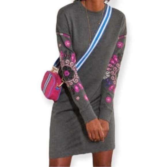 Boden Dresses & Skirts - BODEN Jasmine Gray Sweater Dress Embroidered Sleeves - Size 12 L/ 12 Long- EUC